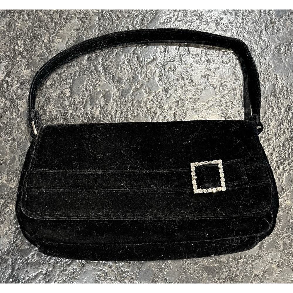 Vintage Black Velveteen Dress Clutch Purse Elegant Evening Bag Rhinestone Decor